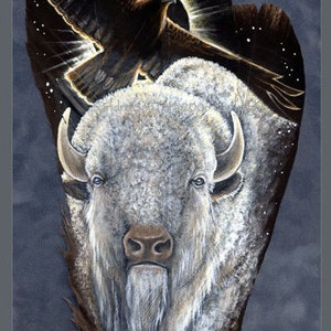 White Buffalo and Golden Eagle Western Indigenous Visionary Wildlife Art Painted Feather Print