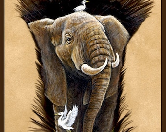 May include: A dark brown feather featuring a detailed painting of a grey elephant with white tusks, a small white bird perched on its head, and a white bird in flight. The text Sandra SanTara 2001 and a circular logo are visible on the feather.