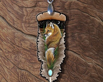 Red Fox Spirit Animal Painted Feather Wooden Printed Pendant Earings