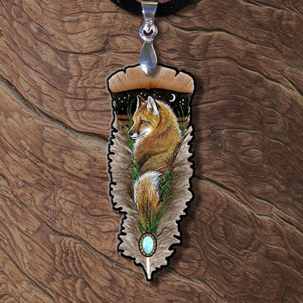 Red Fox Spirit Animal Painted Feather Wooden Printed Pendant Earings