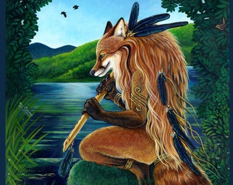 Red Fox Love Song flute Fantasy Print