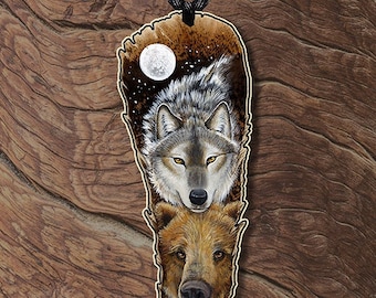 DISCOUNT Seconds Wolf Grizzly Bear Totem Animal Spirit Laser Cut Wood Printed Feather Talisman