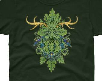 May include: A green t-shirt with a green man face with antlers and leaves design.