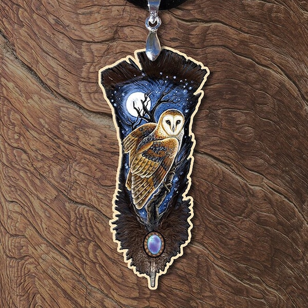 Barn Owl Witchy Cabochon Printed Wood Feather Pendant