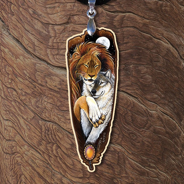 CLEARANCE DISCOUNT Lion Wolf Couple Lovers Totem Animal Spirit Wooden Feather Printed Pendant