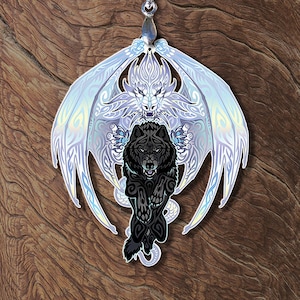 White Dragon Black Wolf Yin Yang Wooden Printed Pendant