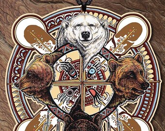 DISCOUNT SECONDS Polar Bear Grizzly Bear Brown Bear Black Bear Totem Animal Spirit Wooden Printed Ornament Medicine Shield Talisman