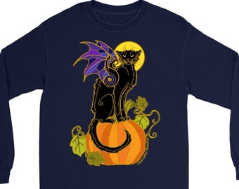 Black Spooky Cat Bat winged Halloween Chat Noir Long Sleeve Shirts