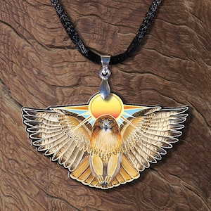 Sun Red Tailed Hawk Wooden Printed Pendant