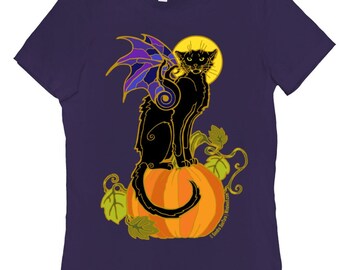 Black Spooky Cat Halloween Bat winged Chat Noir Womans t-shirt