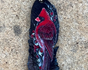 Cardinal Song Bird Animal Spirit Wooden Printed Feather Pendant