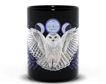 Snowy Owl Moon Phases Black Coffee Tea Mug