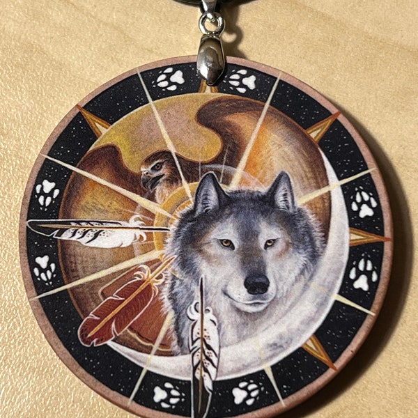 Redtail Hawk Wolf Animal Spirit Wooden Printed Pendant