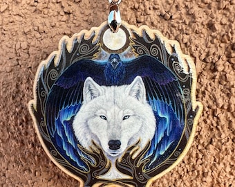 White Wolf Raven Nordic Norse Animal Spirit Wooden Printed Pendant