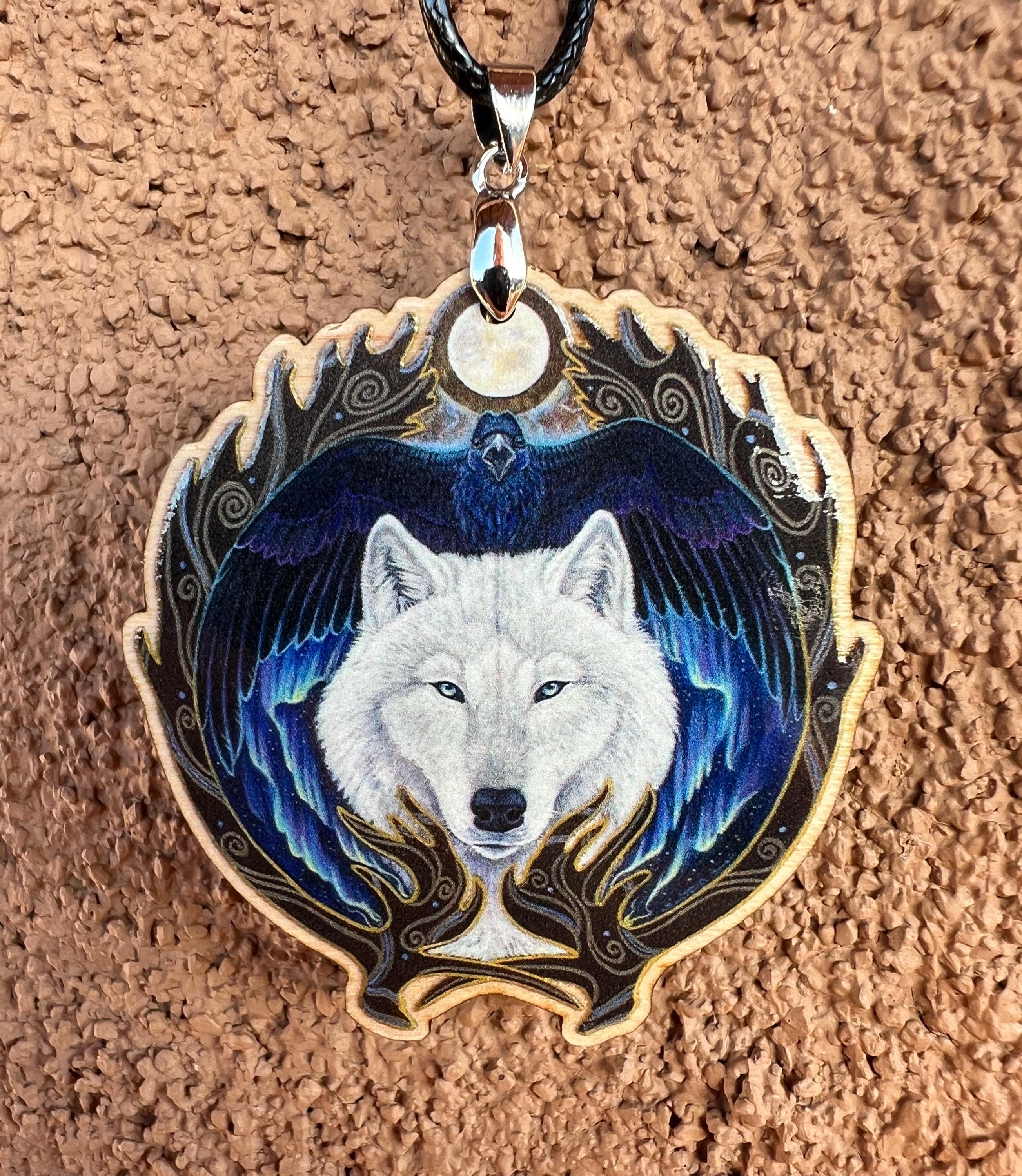 White Wolf Raven Nordic Norse Animal Spirit Wooden Printed Pendant