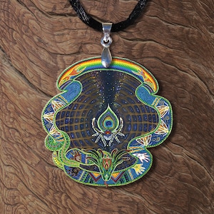 Rainbow Dreaming Serpent Peacock Feather Spider Wooden Printed Pendant
