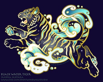 Lunar New Year Black Water Tiger Astrology Asian Zodiac Archival Print Canvas