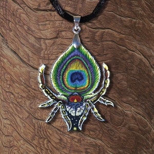 Peacock Feather Spider Arachnid Wooden Printed Pendant