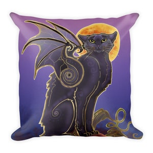 May include: A black cat with bat wings sits on a pumpkin against a purple and orange background. The cat has golden eyes and a fierce expression.