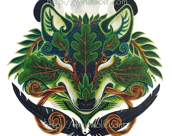 Green Man Wolf Pagan Cernunnos Spirit Animal Print