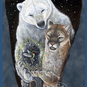 Polar Bear Cougar Humming Bird Wildlife Art Painted Feather Print