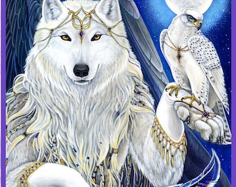 Magical Fairy Angel White Winged Wolf Falcon Fantasy Print