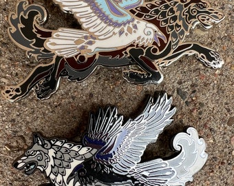 Norse Viking Freki Geri Huginn Muninn Winged Wolf Raven Hard Enamel Collectable Quality Pin