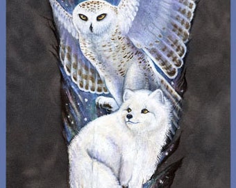 May include: A large feather painted with a scene of a white snowy owl with wings spread and a white arctic fox sitting below it. The background features a dark night sky with green and purple aurora borealis lights and small white stars.