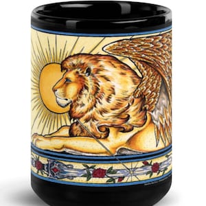 Medieval Winged Lion Guardian Black Glossy Mug