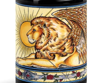 Medieval Winged Lion Guardian Black Glossy Mug