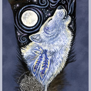 Mystical White Wolf Howling Wildlife Art Painted Feather Print image 1