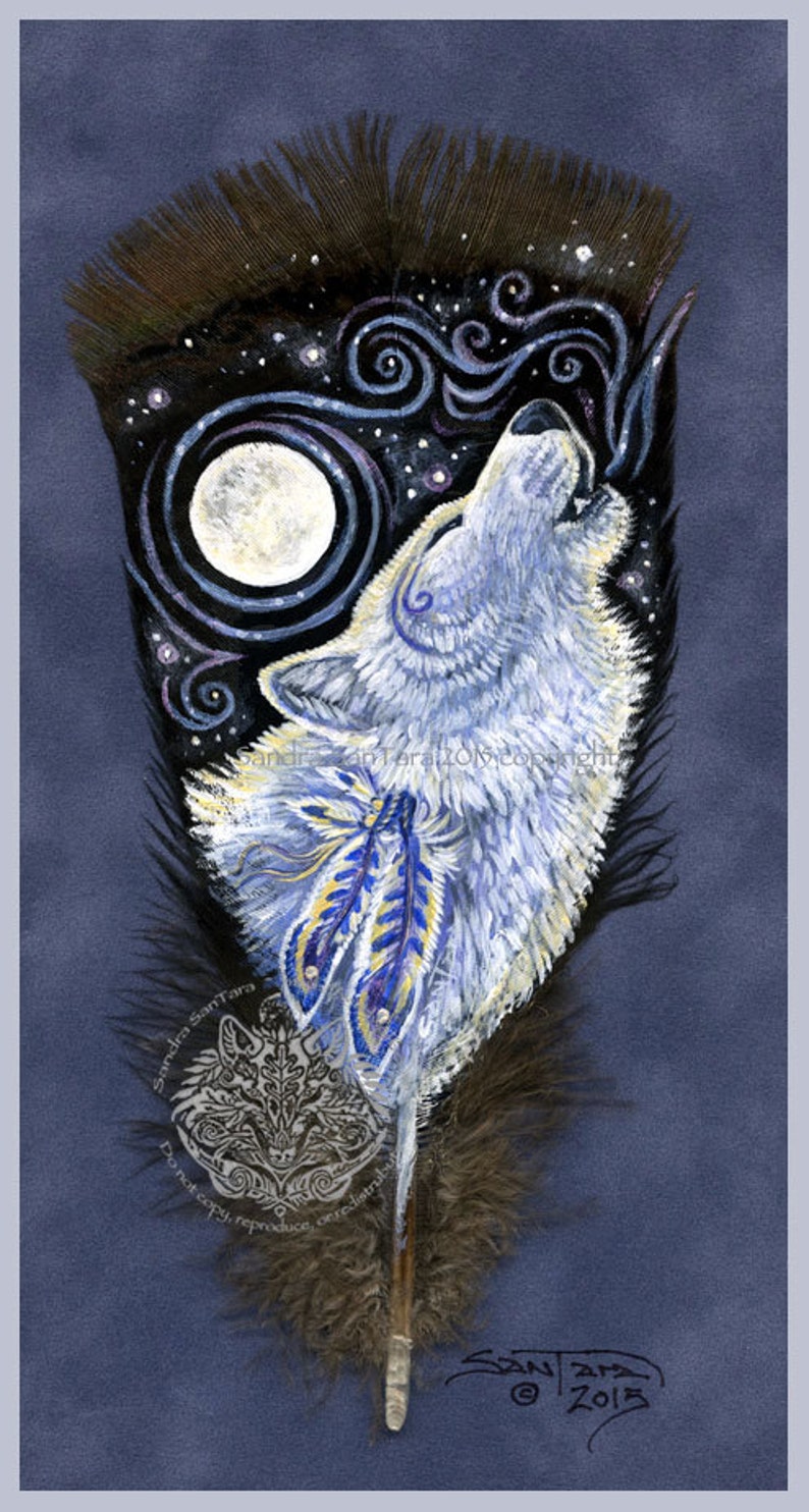 Mystical White Wolf Howling Wildlife Art Painted Feather Print image 1