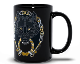Norse Viking Fenrir Wolf Black Mug