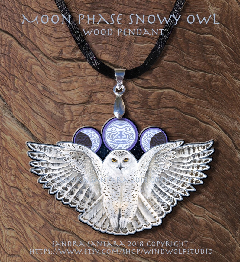 Snowy Owl Moon Phases Wooden Printed Pendant image 1