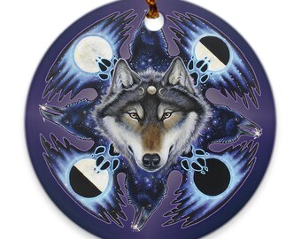 Wolf Ravens Moon Phases Porcelain Ornaments