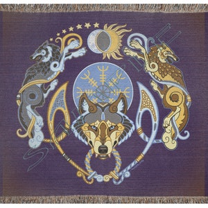 Norse Wolf Trinity Viking Fenrir Skoll Hati Woven Blankets