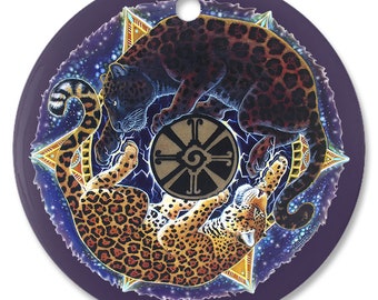 Black Gold Jaguar Mandala Porcelain Ornament