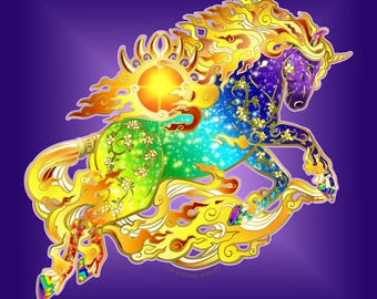 旧正月 火の馬 虹のユニコーン 炎のアート 中国占星術 十二支プリント キャンバス