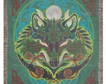 Celtic Pagan Green Wolf Soft Woven Blanket