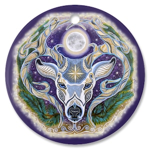 Winter Solstice Stag Yule Holiday Porcelain Ornament