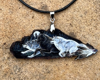 Wolf Pack Moonlight Run Animal Spirit Wooden Printed Pendant