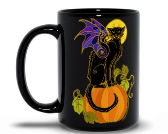 Black Spooky Halloween Bat winged Cat Chat Noir Black Mug