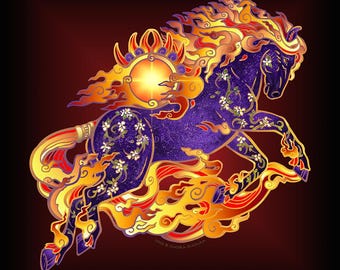 旧正月 火の馬 太陽の炎 アート 中国占星術 十二支プリント キャンバス
