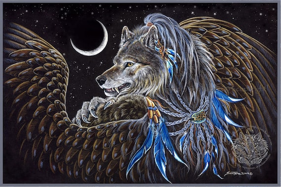 Geflugelter Wolfsengel Wolf Schamane Print Etsy