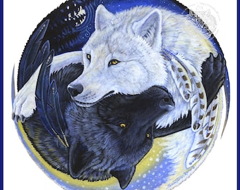 Wolves Black White Yin Yang Two Wolves Spirit Animal Print