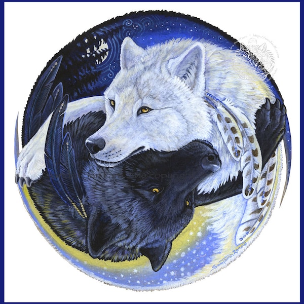 Wolves Black White Yin Yang Two Wolves Spirit Animal Print