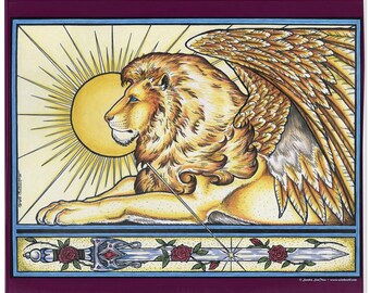 Medieval Lion Winged Guardian Sword Roses Tapestries Wall Hanging