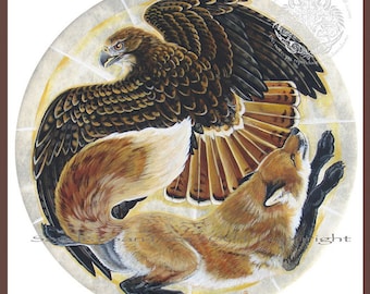 Red Fox Redtail Hawk Spirit Animal Shield Print