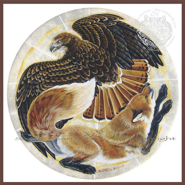 Red Fox Redtail Hawk Spirit Animal Shield Print