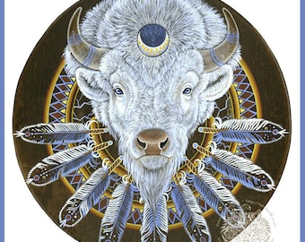 White Buffalo Eagle Feathers Spirit Animal Print